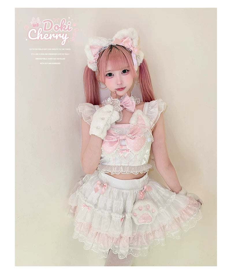 Kawaii Lolita Tiered Skirt Set, Cat Ears & Polka Dot Bow 44958:837115