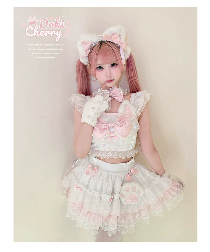 Kawaii Lolita Tiered Skirt Set, Cat Ears & Polka Dot Bow 44958:837115