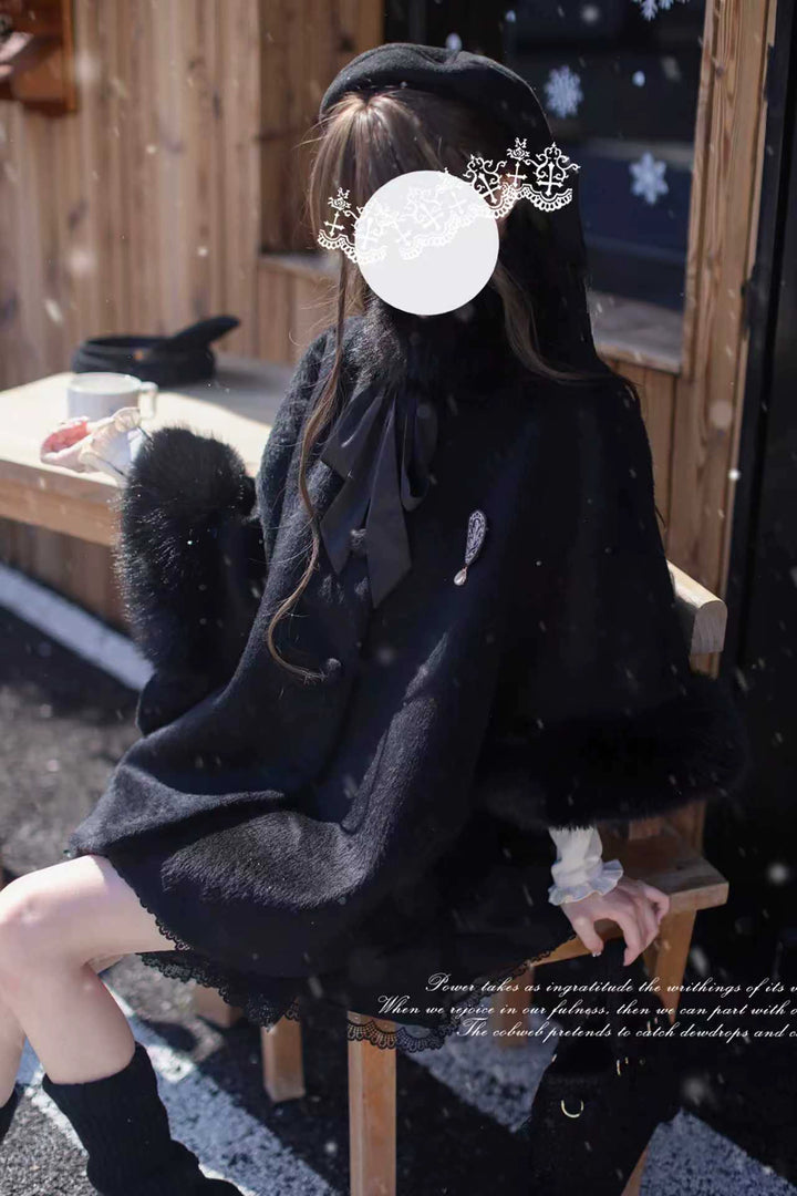 Mid-length Winter Cloak, Faux Fur Trim (L M S XL) 44035:793985