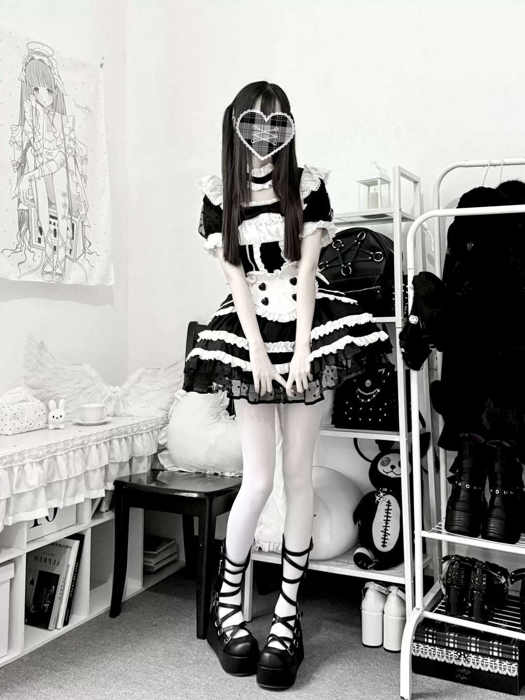 Black and White Maid Lolita Dress, Detachable Apron 46065:874549