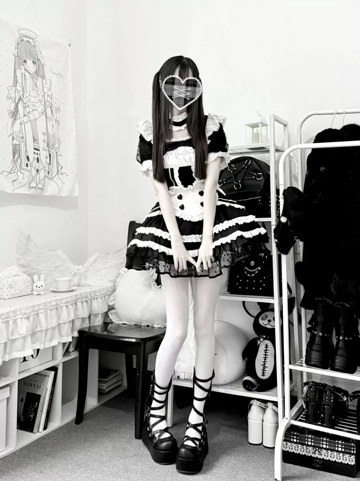 Black and White Maid Lolita Dress, Detachable Apron 46065:874549