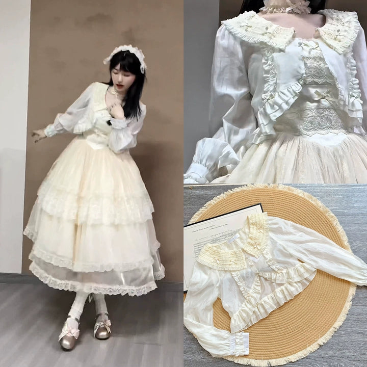 Classic Lolita Dress Flounce Hem Beige OP/JSK Puff Sleeves Shirt (L M S) 38068:608662