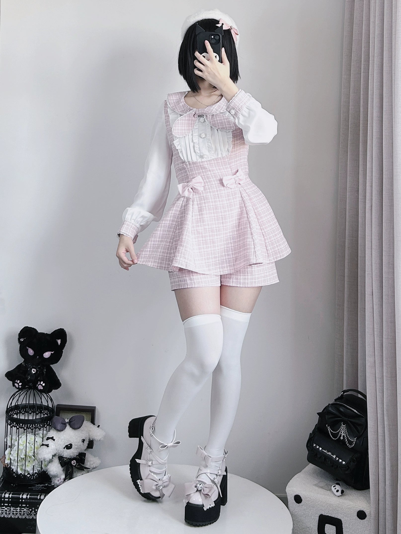 Jirai Kei Set Up Long Sleeve Bow Parisian Chic Dress Shorts