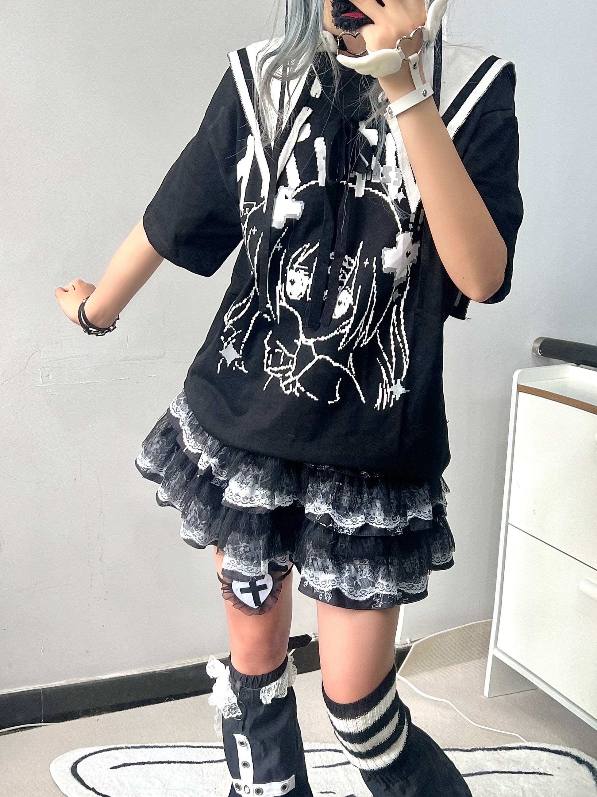 Jirai Kei Skirt Gothic Punk Skirt Black Lace Puff Skirt 36582:558542