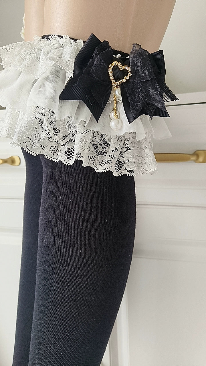 Jirai Kei Mid Length Cotton Socks, Bows and Pearls 44121:797905