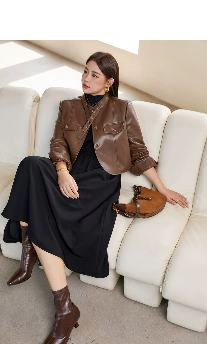 Plus Size Brown Leather Jacket Black Dress 29808:362872 29808:362872