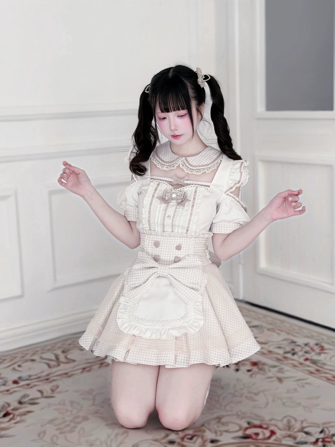 Jirai Kei Gingham Maid Blouse and Skirt Set, Detachable Apron 45659:858676