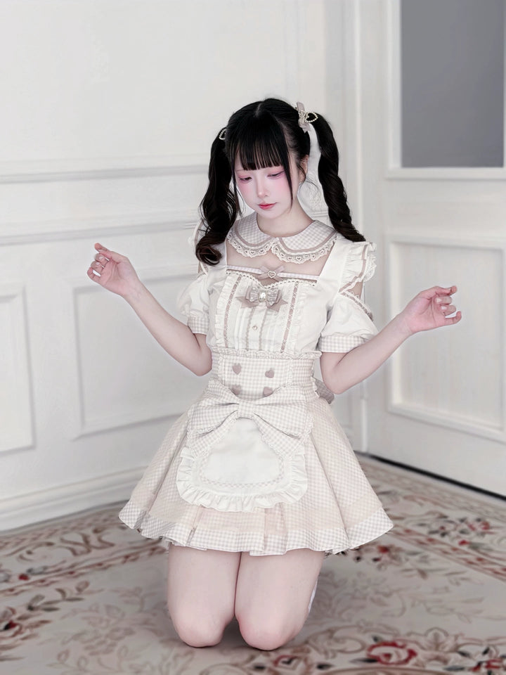 Jirai Kei Gingham Maid Blouse and Skirt Set, Detachable Apron 45659:858676