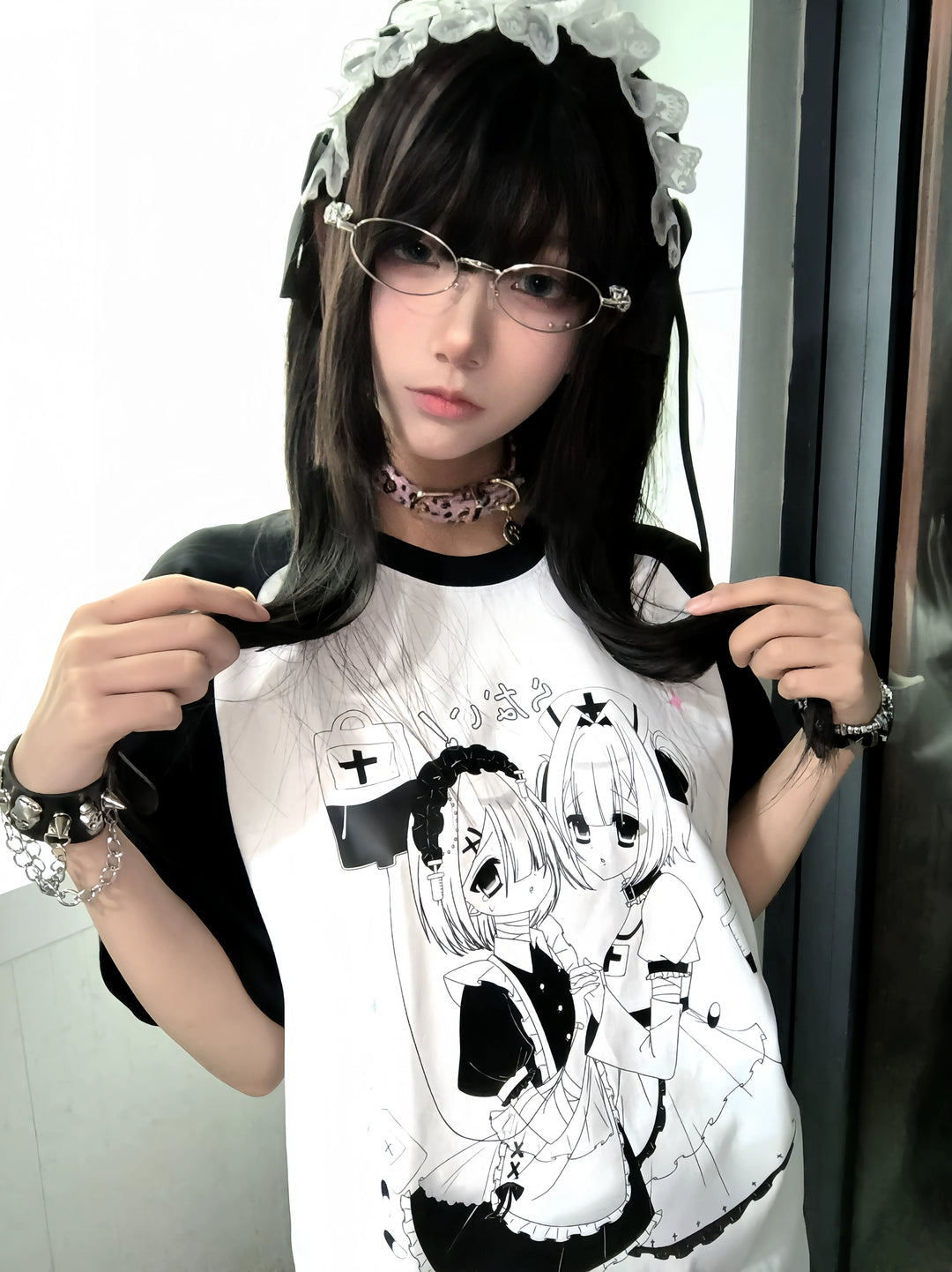 Yami Kawaii T-shirt Black White Subculture Cotton T-shirt 35690:499410 35690:499410