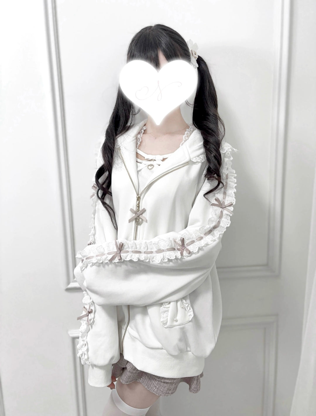 Jirai Kei Zip-Up Hoodie, Ruffle Lace and Bows 44176:800890