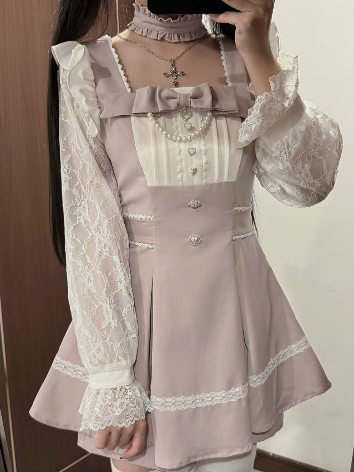 Ryousangata Lace Sleeves Dress, Pintucks and Pearl Chain 45103:834966