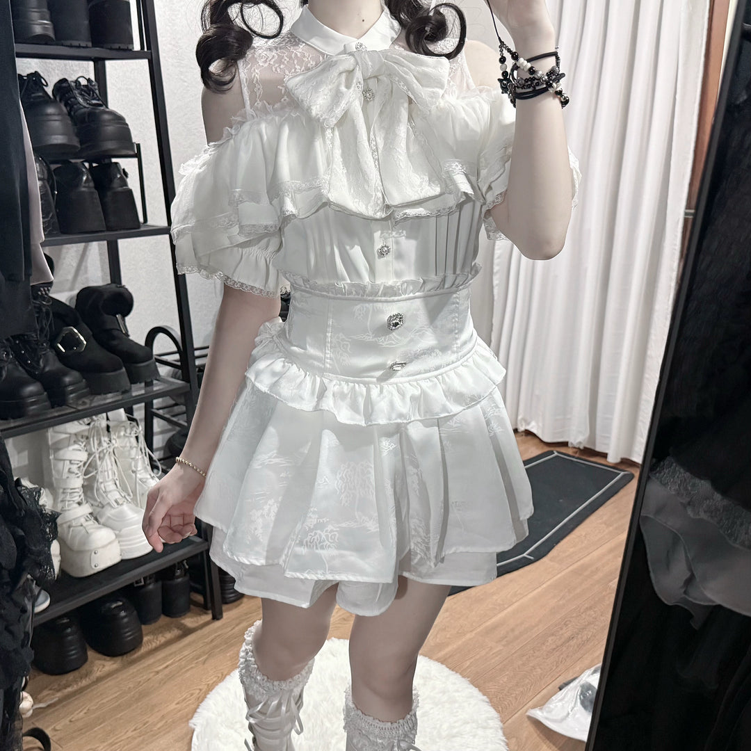 Solid Ryousangata Blouse, Lace Open-shoulder 44164:801566