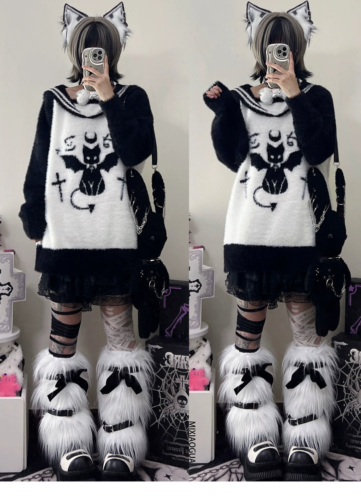 Jirai Kei Sweater Black White Devil Cat Sailor Collar Sweater 32632:409696