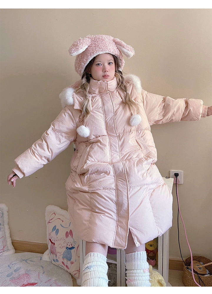 Kawaii Winter Coat Rabbit Ear Hooded Long Down Jacket 40340:665574