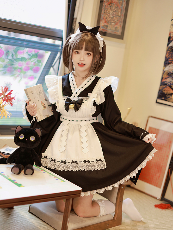 Kawaii Black Maid Blouse Flutter Sleeve Apron Suspender Skirt Set 42282:735156