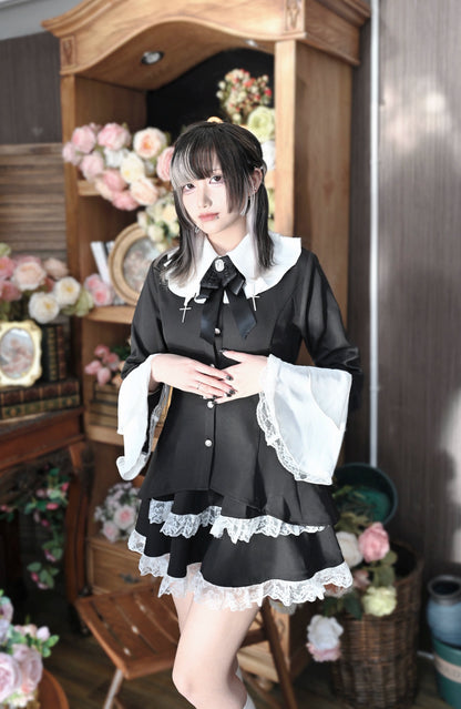 Jirai Kei Set Up Bicolor Shirt Skirt Set Cross Point Collar Lace Blouse 33710:443958