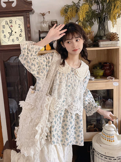 Mori Kei Blouse Floral Cotton Linen Shirt With Lace 36222:524798