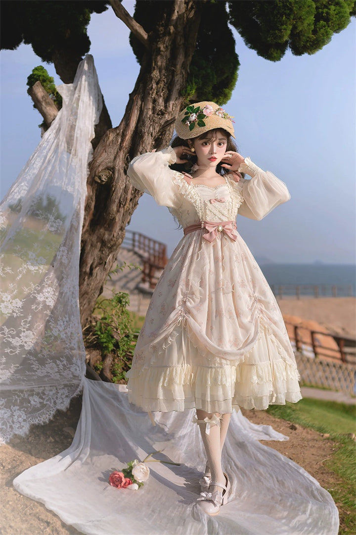 Elegant Lolita Dress Cottagecore Dress Long-Sleeved Beige Dress 36470:515842 36470:515842