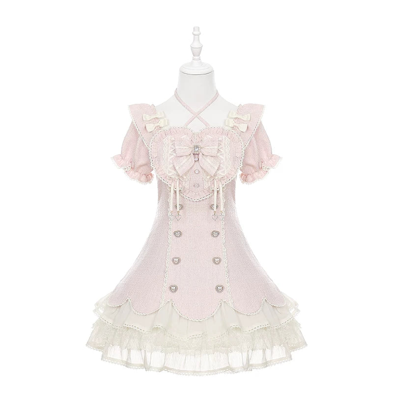 Pink Tweed Rousangata Dress, Front Heart Decoration (L M S) 45570:854478