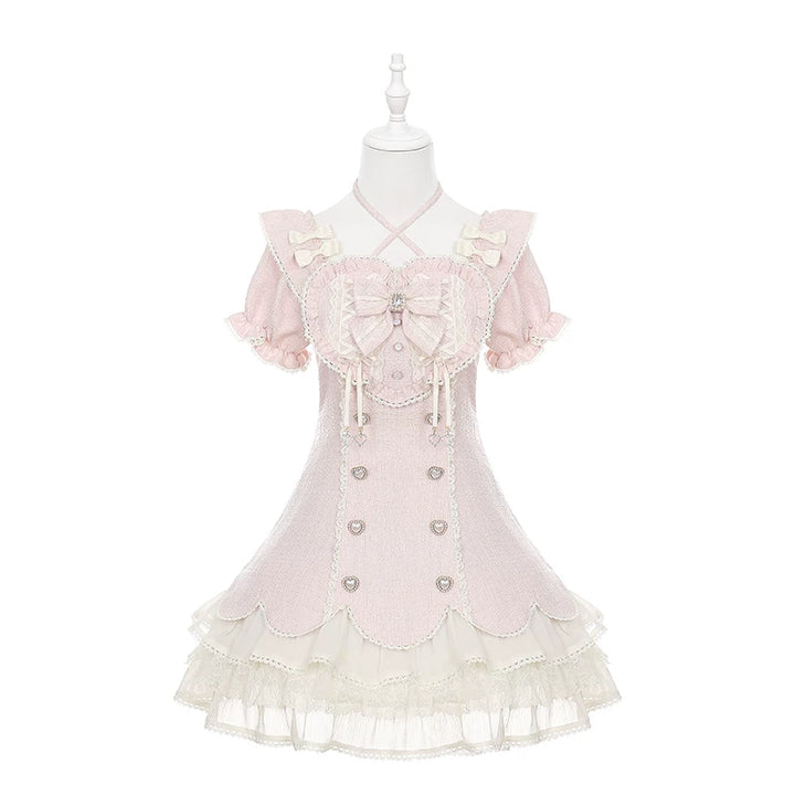 Pink Tweed Rousangata Dress, Front Heart Decoration (L M S) 45570:854478