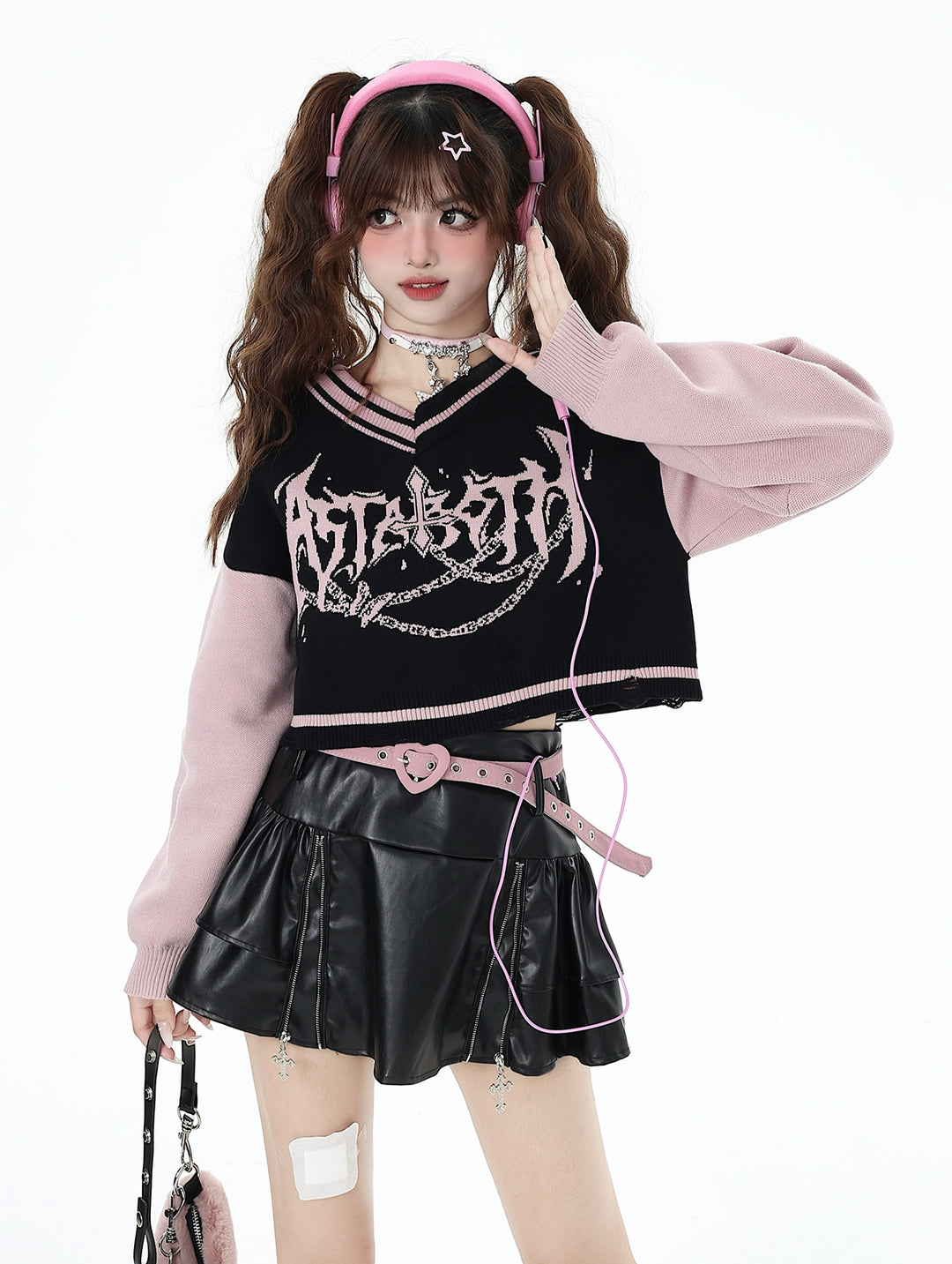 Y2K Sweater Gyaru V-neck Black-Pink Sweater For Winter 41790:713708