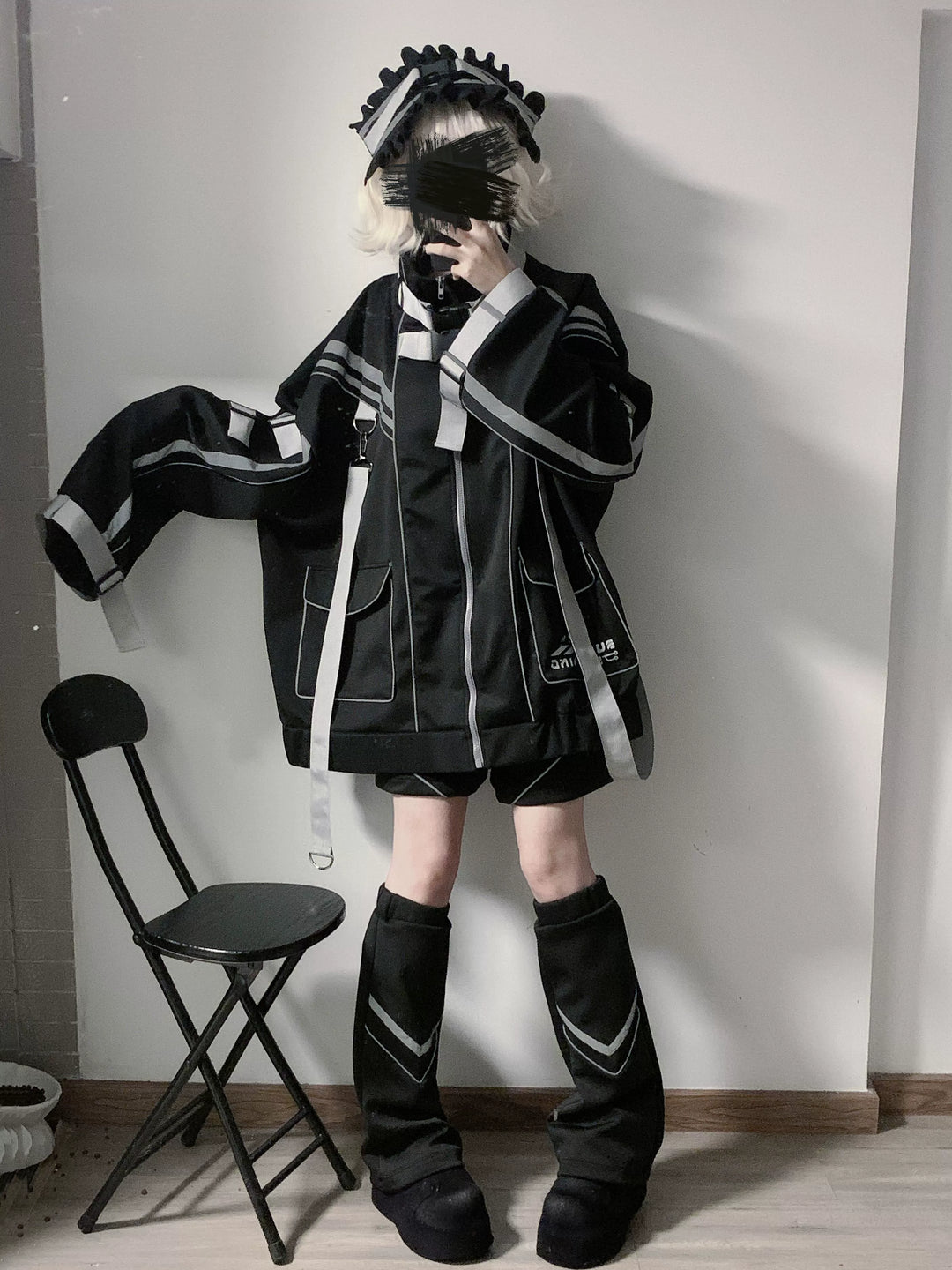 Plus Size Jirai Kei Coat Punk Sportswear Black White Jacket Sets 35440:608096