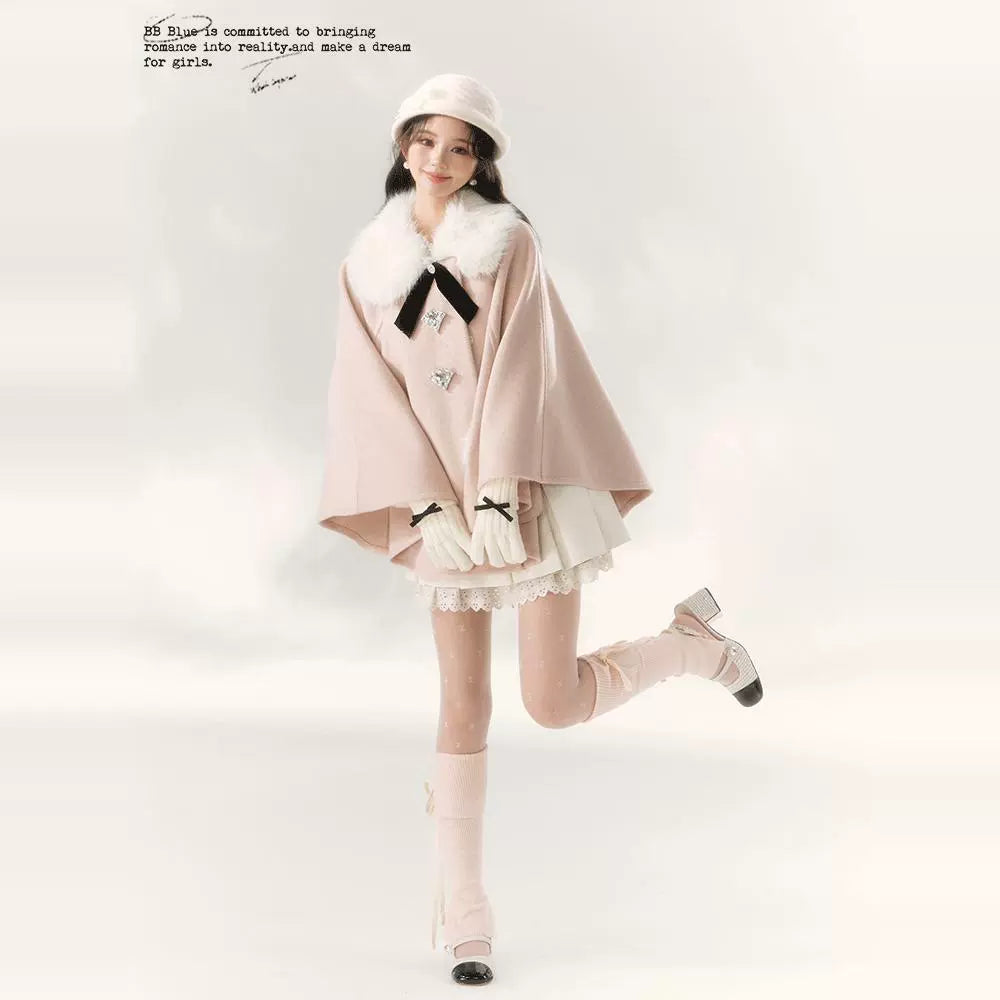 Jirai Kei Cape Woolen Coat Winter Fur Collar Coat 41062:685468