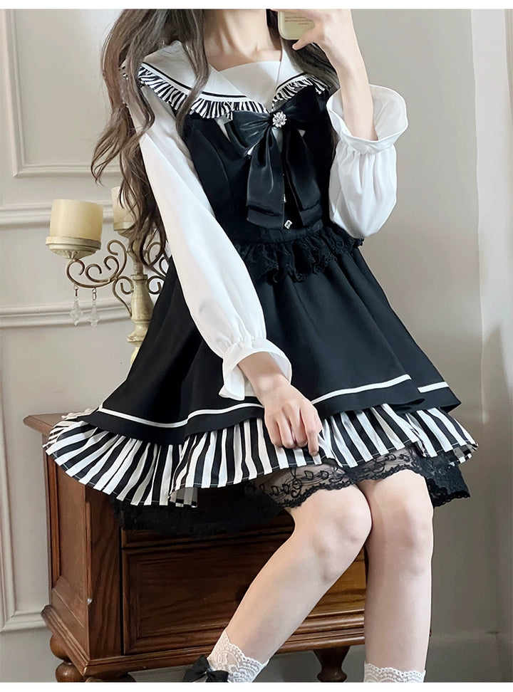 Jirai Kei Dress Set Sailor Collar Shirt And Black Vest Dress 41300:690678