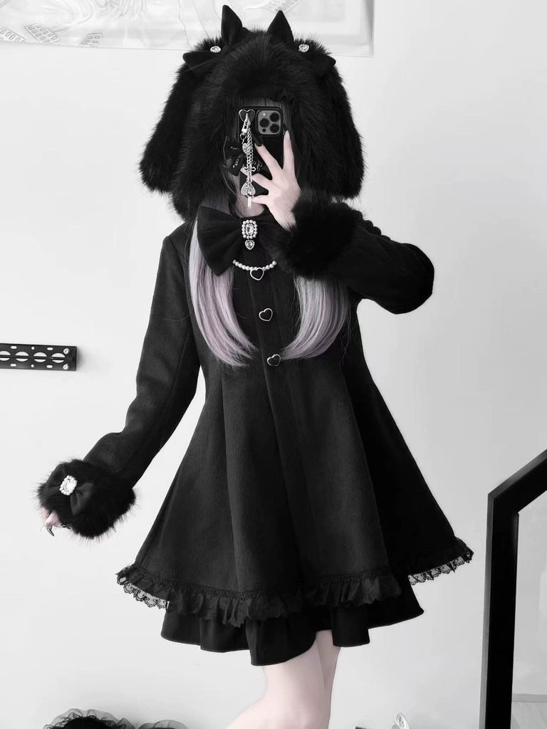 Wool-Blend Jirai Kei Coat, Bunny Ear Hood and Bows (Black / L M S) 44013:793009
