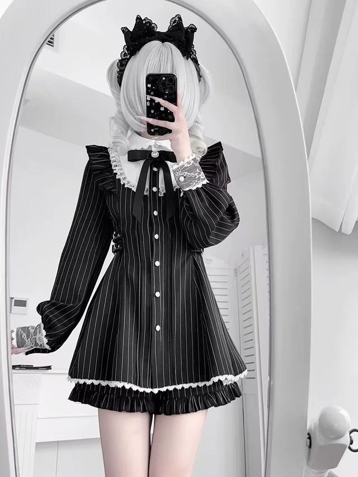 Jirai Kei Striped Dress, Lace Trim and Ruffles 45369:848093