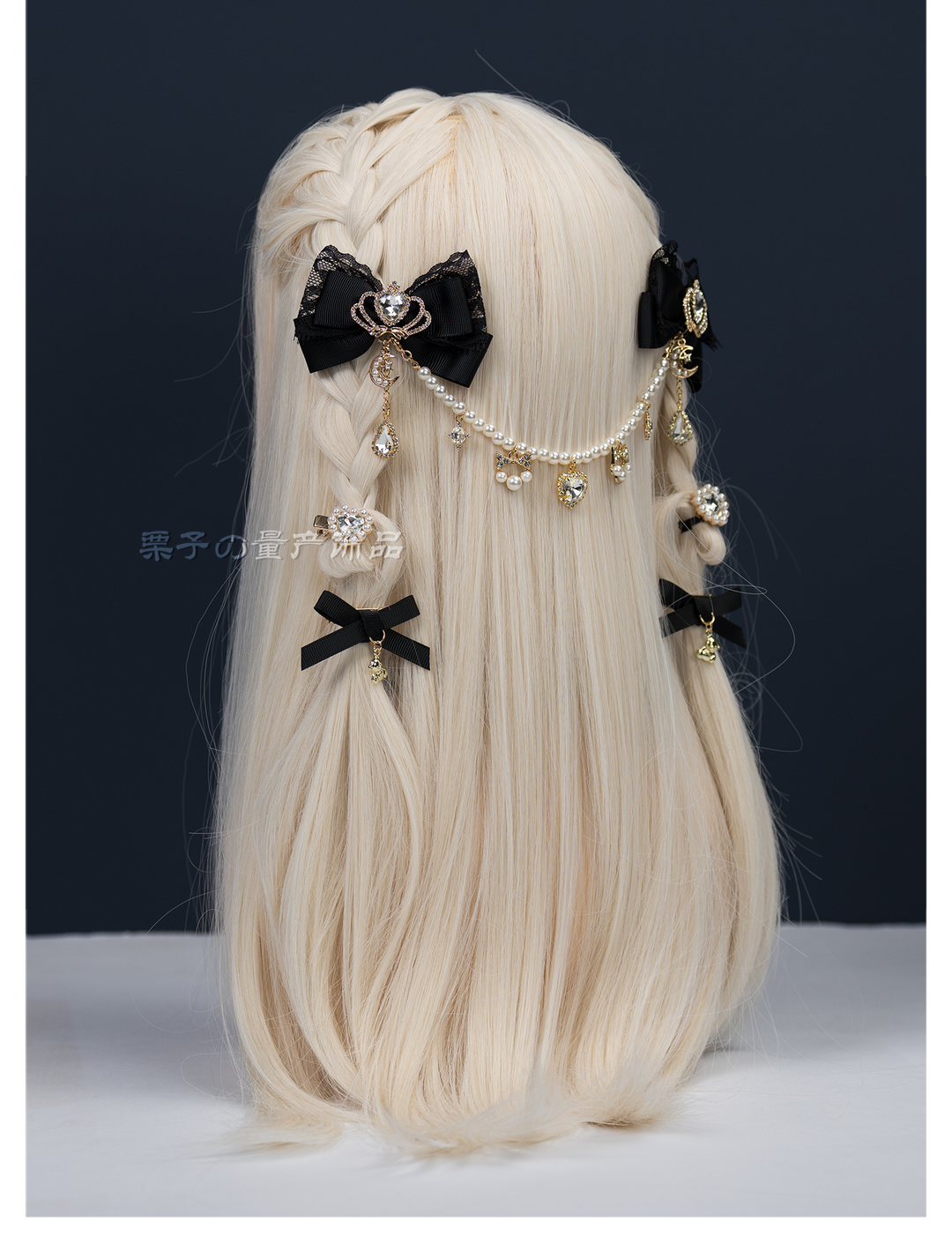Jirai Kei Bow Hair Clips, Rhinestone Crown and Pearl Chain 44194:802750