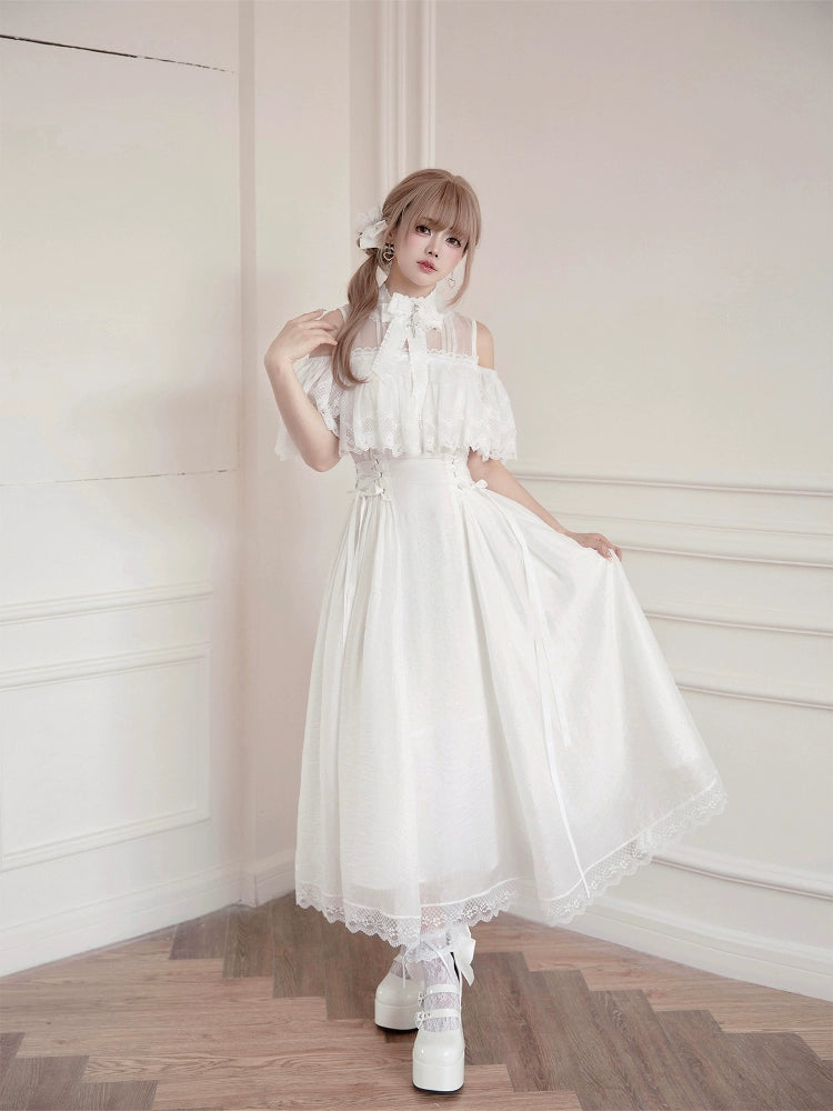 Black / White Jirai Kei Long Dress, Detachable Bow, Cross Detail 43510:778729