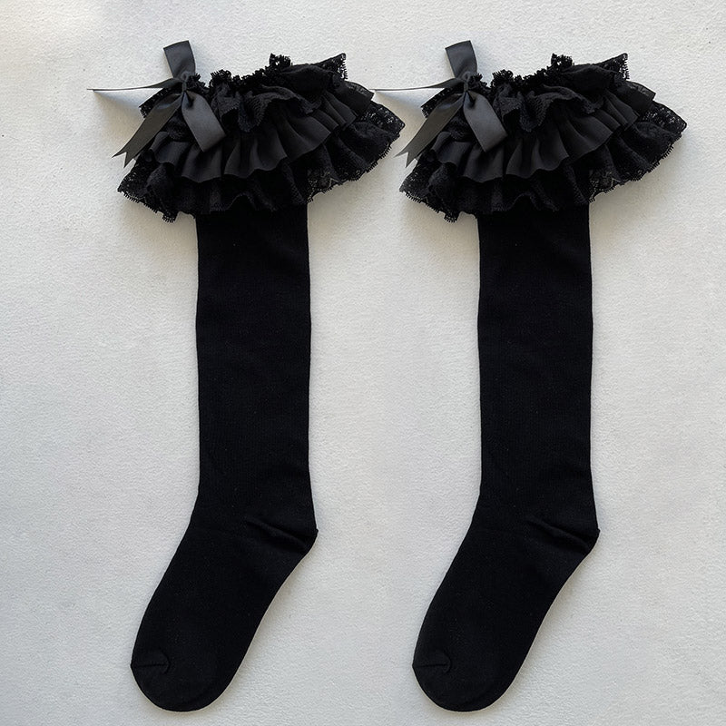 Lolita Socks Layers Lace Frill Cotton Mid-Calf Socks With Bows 42243:733458