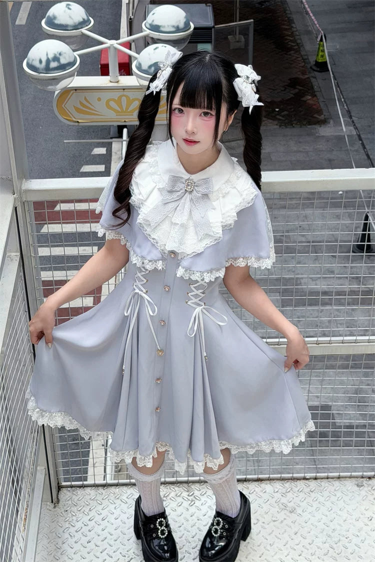 Ryousangata Cape Layered Dress, White & Blue 45573:853441