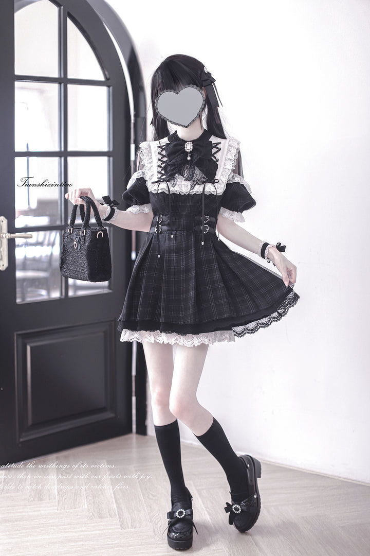 Off-Shoulder Jirai Kei Dress Set with Bow Tie & Safety Shorts 42705:761429
