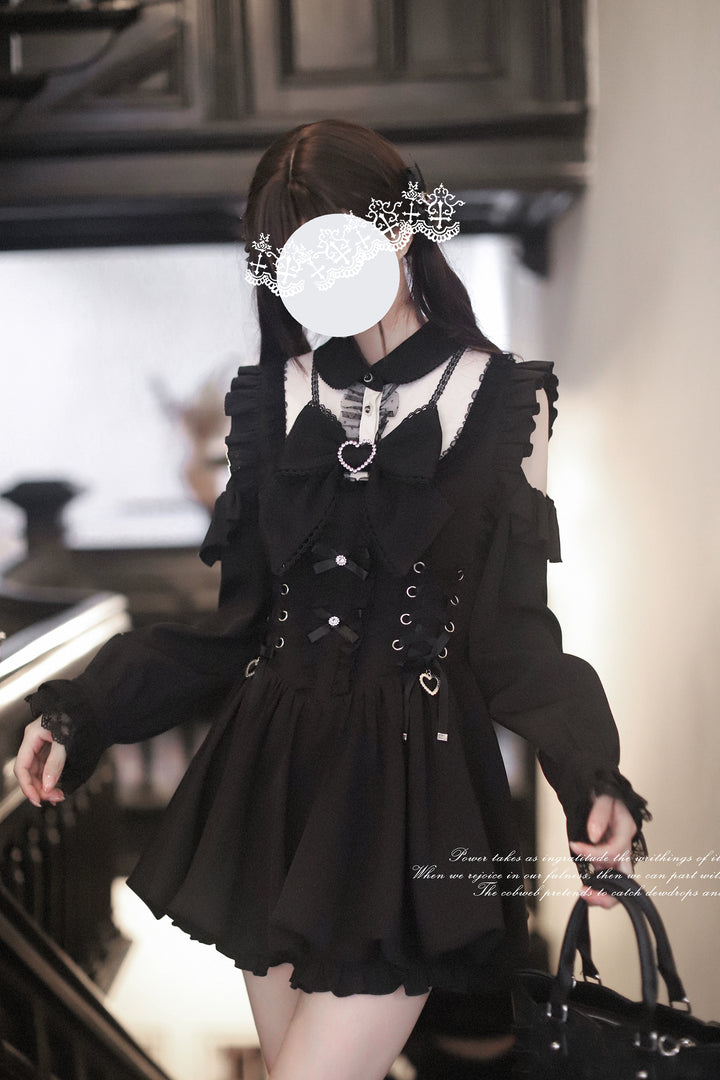 Jirai Kei Open-Shoulder Dress, Lace-Up Waist (L S) 44040:793864