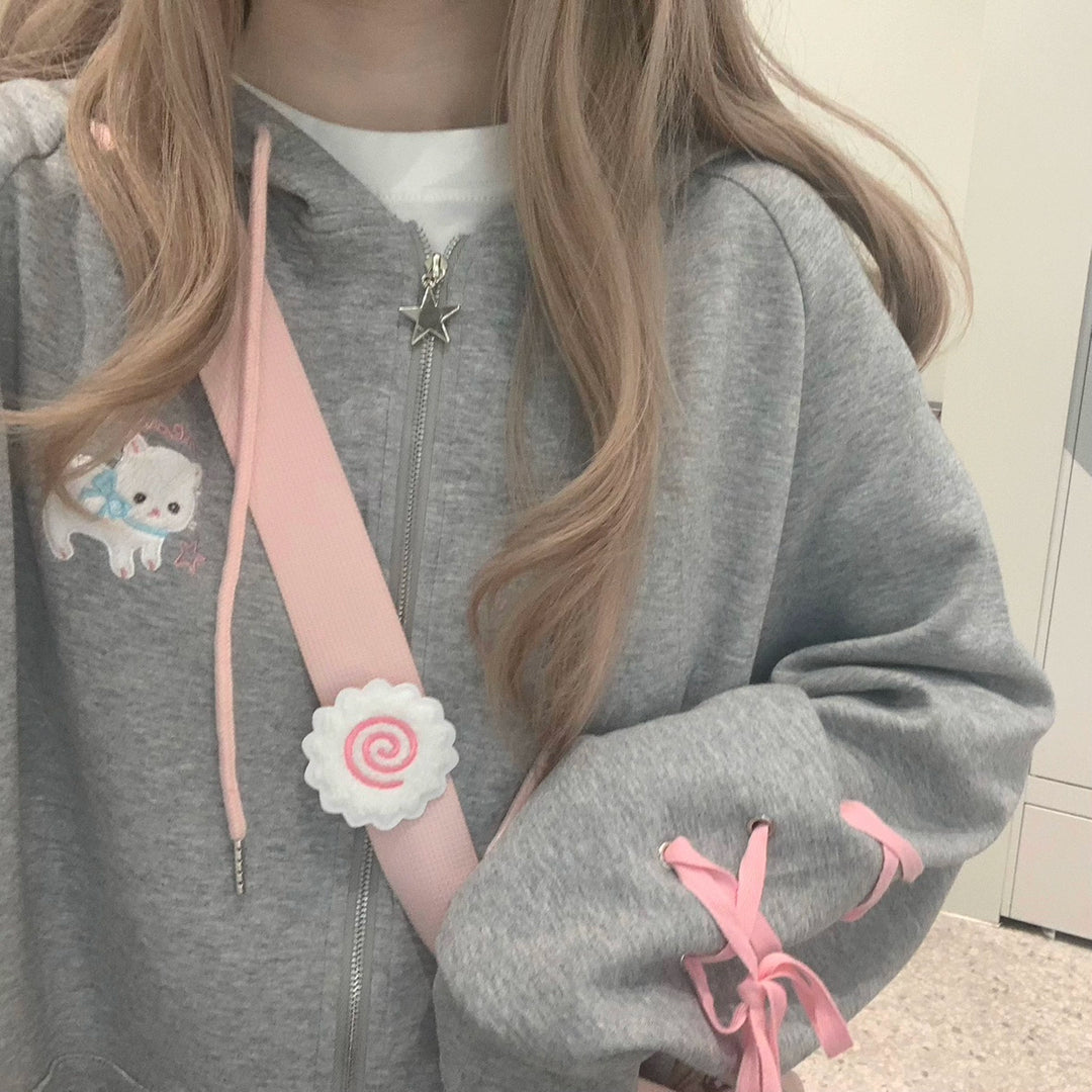 Kawaii Coat Cat Ear Hood Grey Jacket With Pink Ribbons 39708:637856