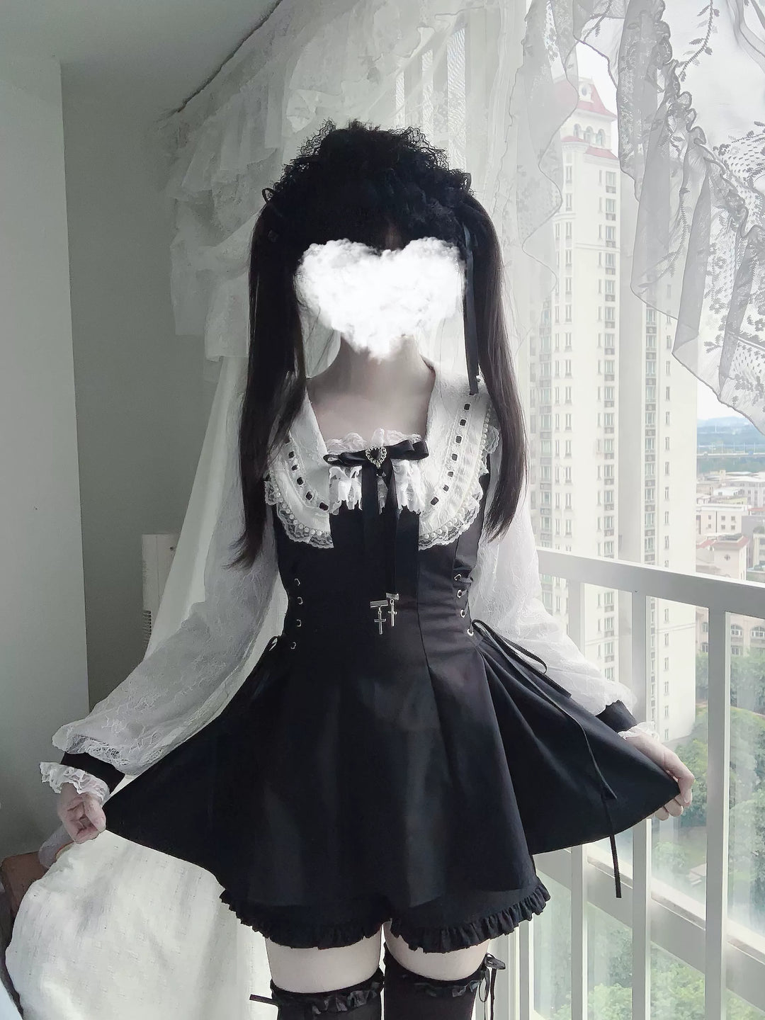 Long-Sleeved Jirai Kei Dress, Pocketed Shorts 43856:787345