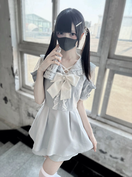 Jirai Kei Dress Set Short Sleeve Lace Dress And Shorts (L M / Blue) 37652:567808