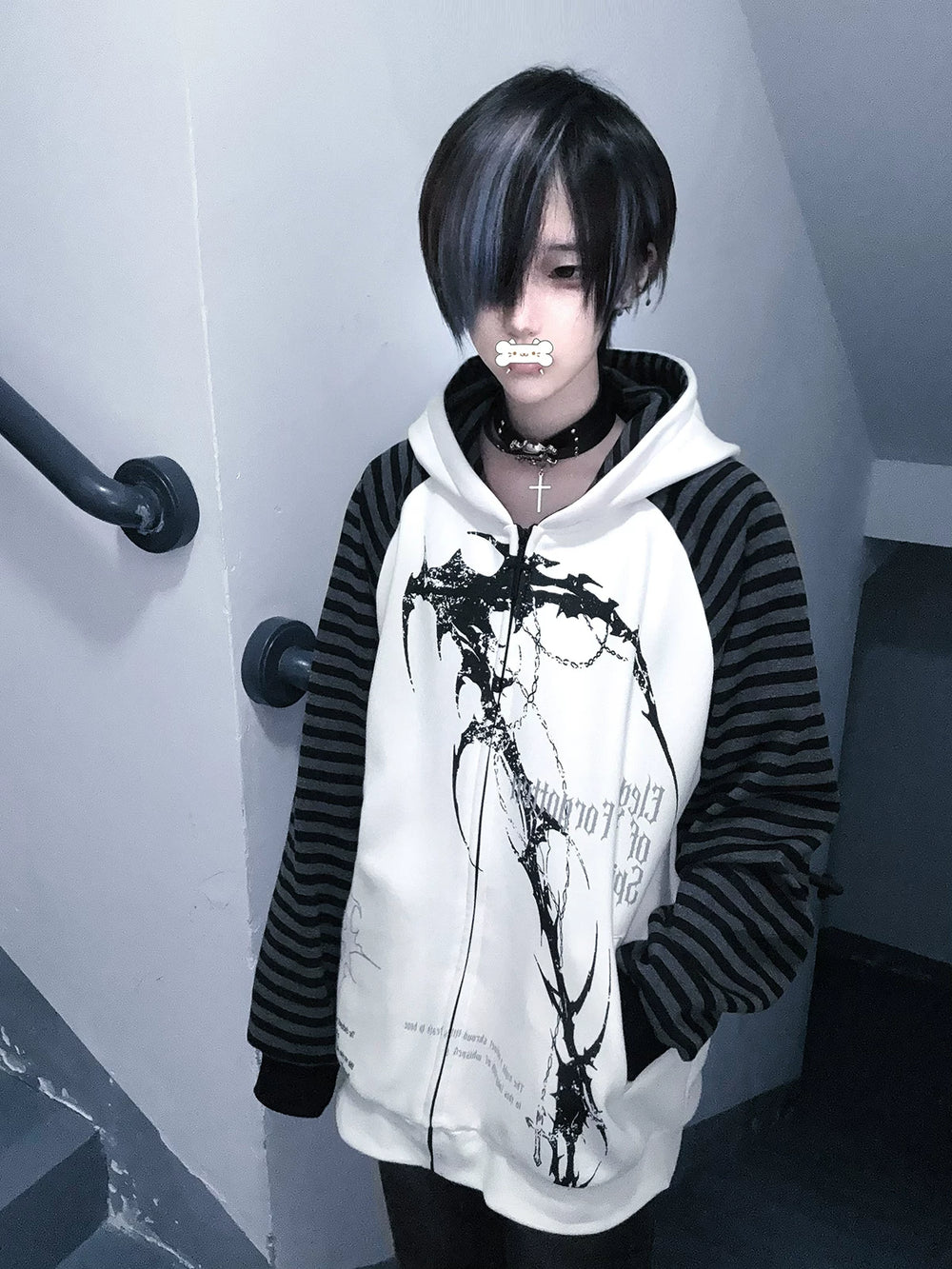 Subculture Hooded Scythe Print Coat, Side Pocket 45269:844572