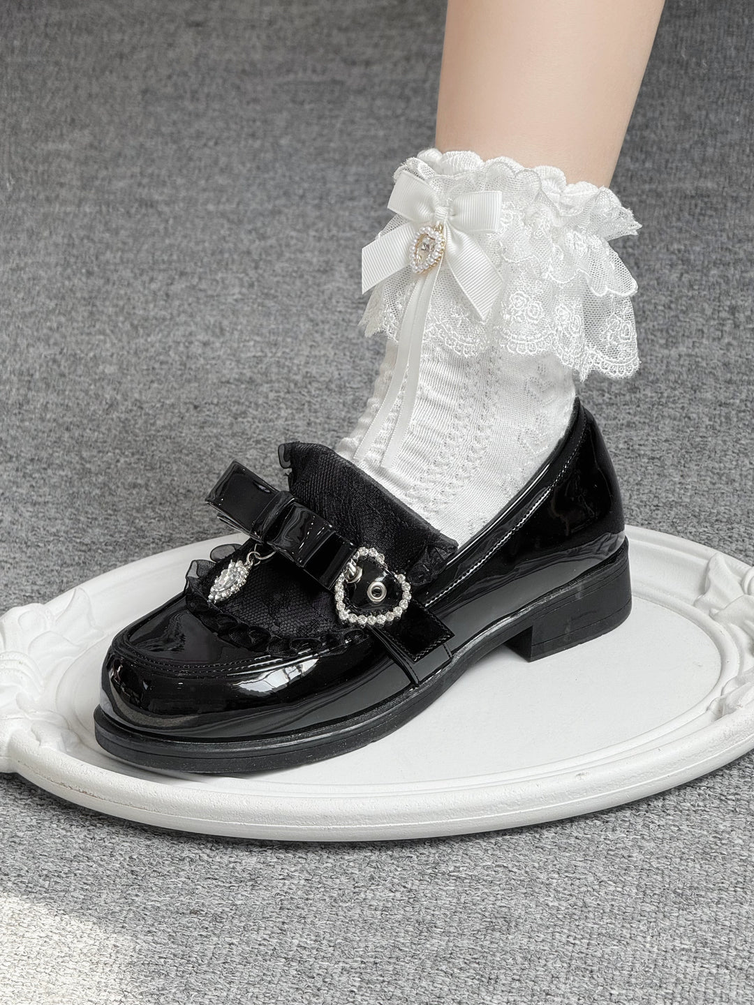 Jirai Kei Low-Heel Loafer Shoes, Rhinestones & Bow 43944:790306