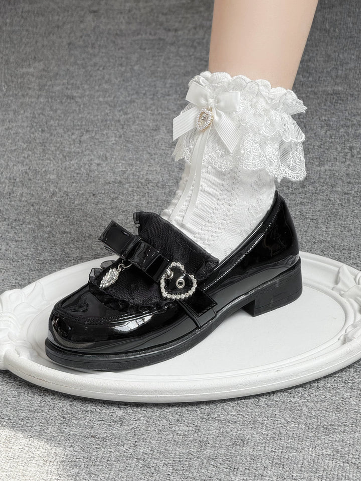 Jirai Kei Low-Heel Loafer Shoes, Rhinestones & Bow 43944:790306