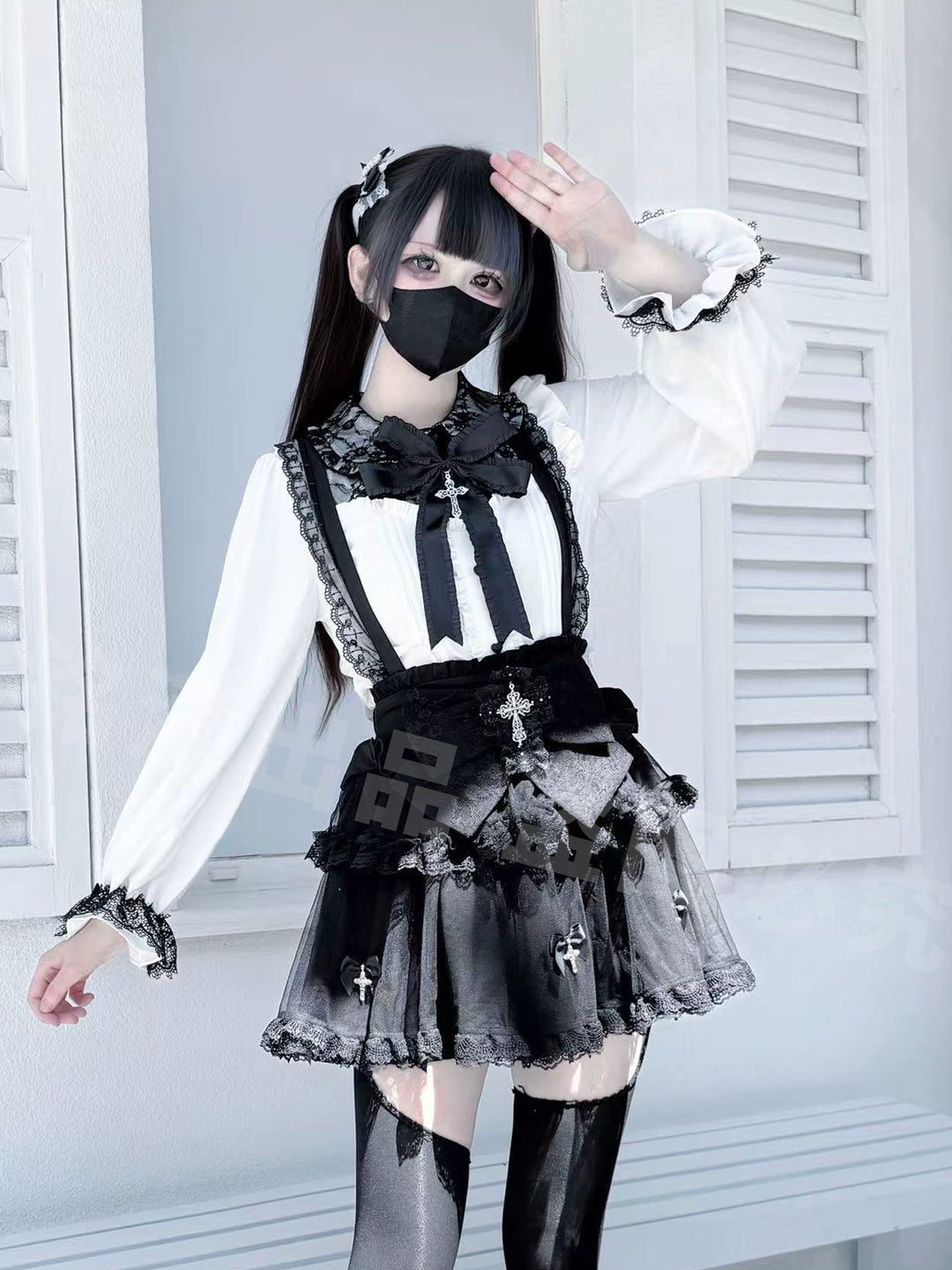 Plus Size Jirai Kei Cross Skirt Set, Detachable Suspender 43761:784553