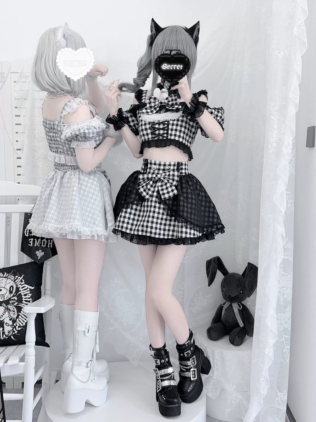 Plaid Stage Jirai Kei Outfit, Furry Bunny Ear Blouse, Skirt 43614:780915