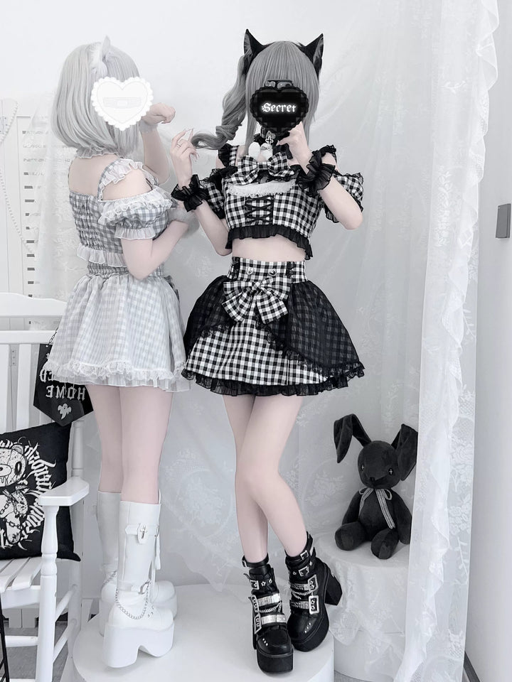Plaid Stage Jirai Kei Outfit, Furry Bunny Ear Blouse, Skirt 43614:780915