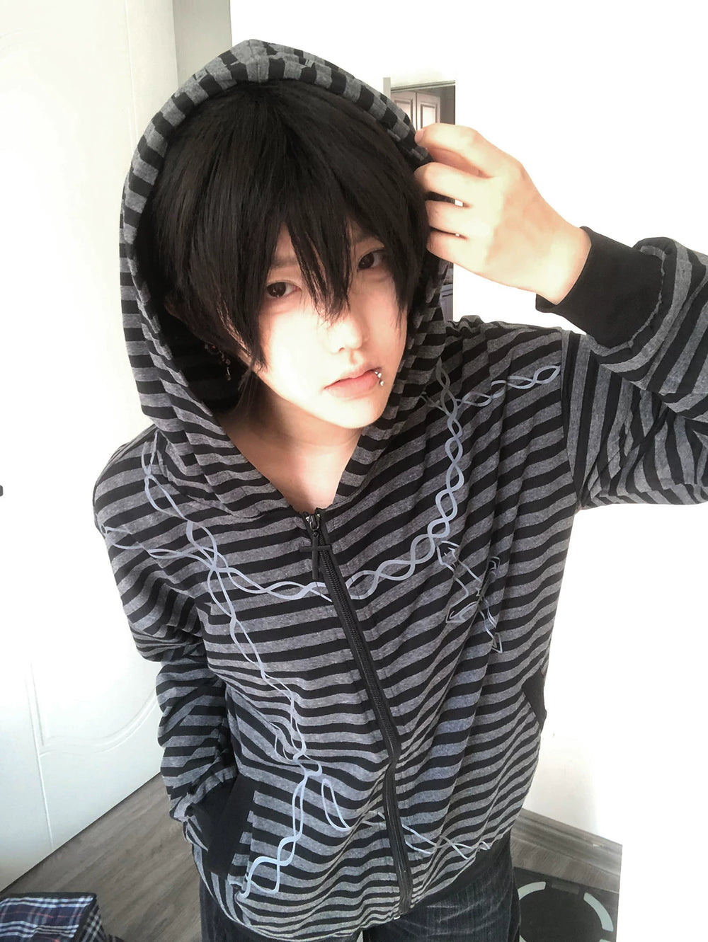 Gothic Striped Zip-Up Hoodie, Cotton for Summer 45270:844643