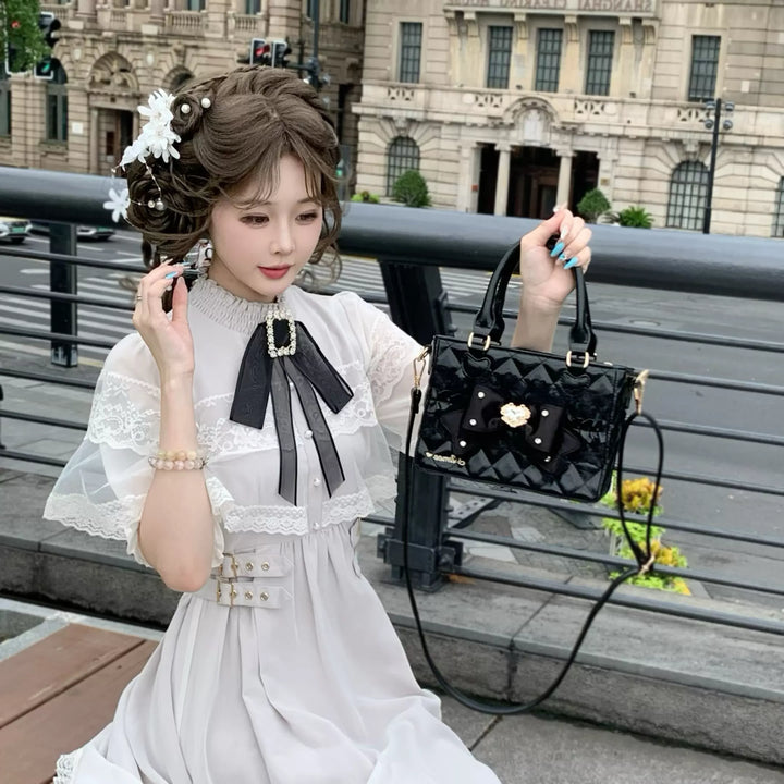 Ryousangata Square Handbag, Lace Bow & Diamond Quilting 45754:862798