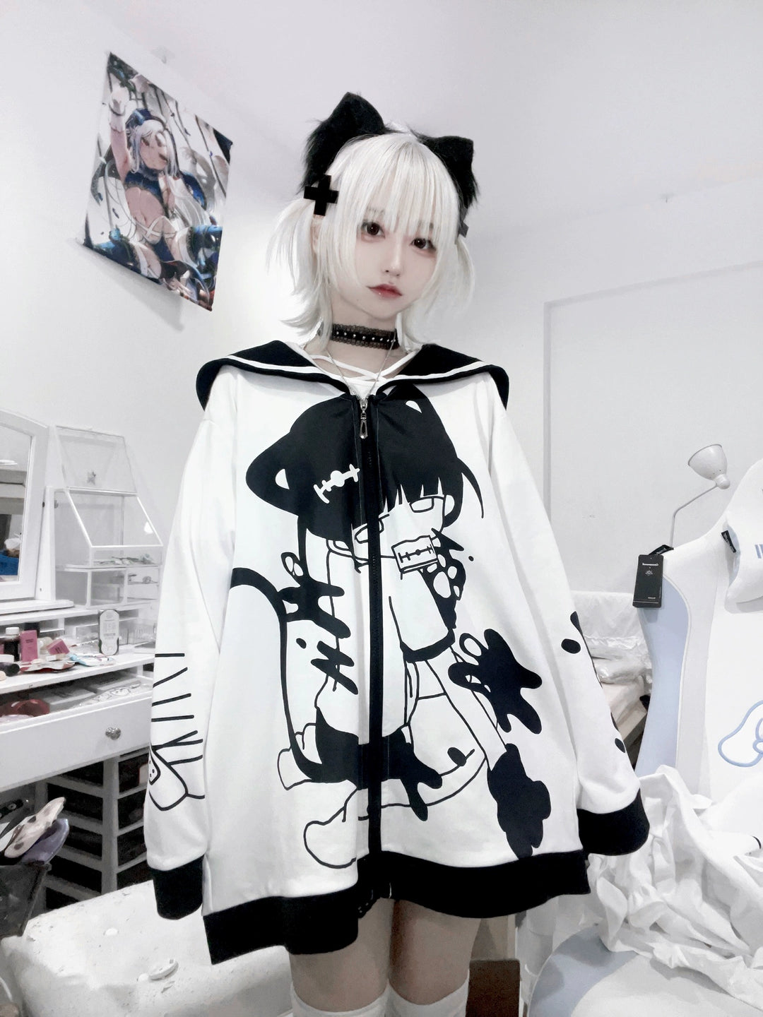 Jirai Kei Bicolor Coat Cat Ears Sailor Collar Printed Coat 33316:443898 33316:443898