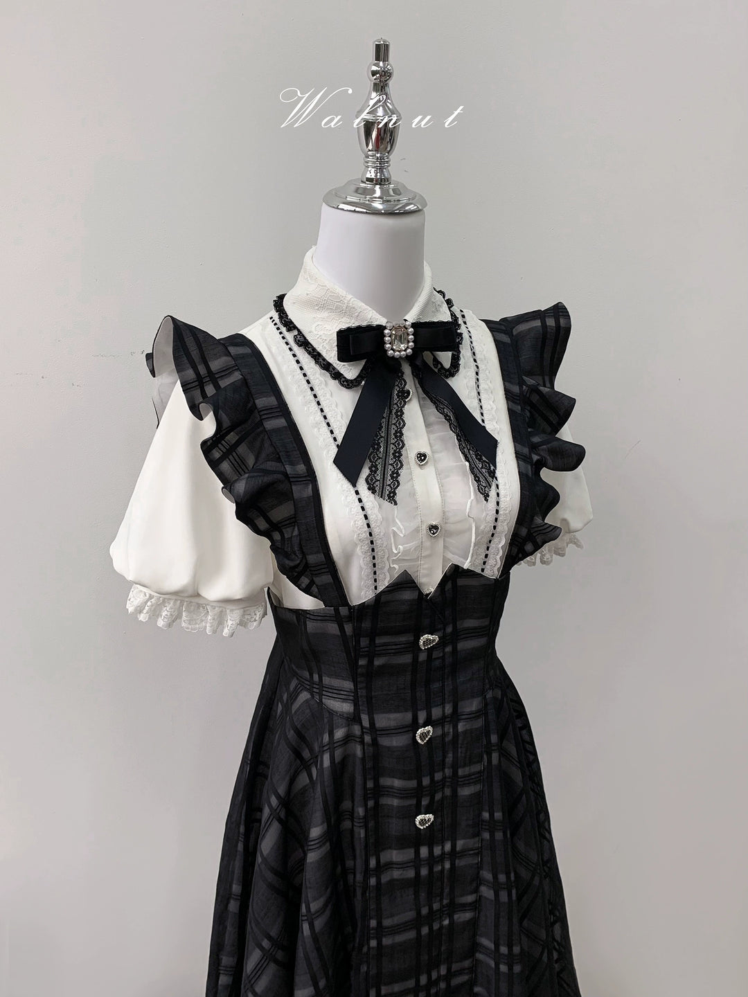 Black Jirai Kei Plaid Suspender Skirt Set with White Blouse 42918:757778