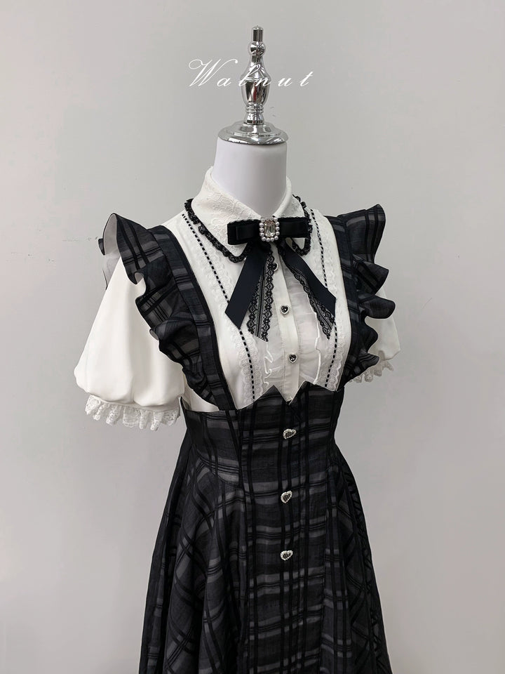 Black Jirai Kei Plaid Suspender Skirt Set with White Blouse 42918:757778